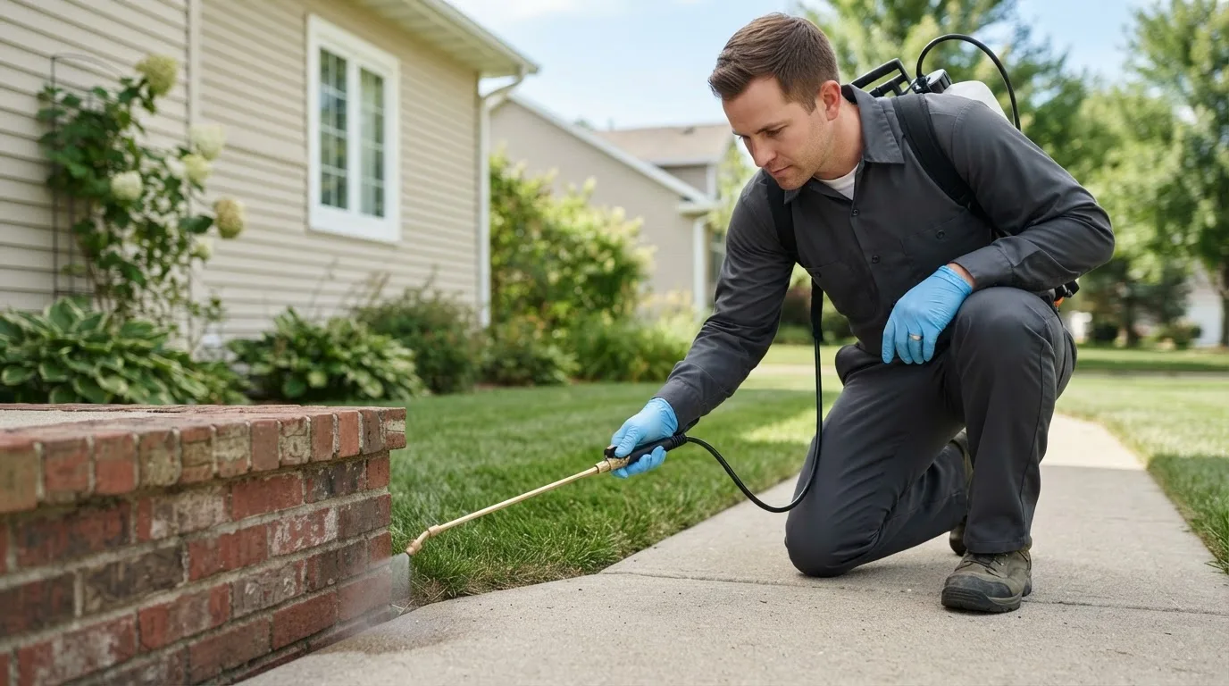 Pest control technician treating a home near Finley, ND